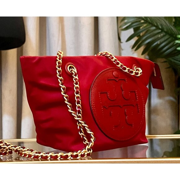 Tory Burch Red Nylon Chain Crossbody Tote With Logo Embossed Patch & Gold Accent - Picture 1 of 11